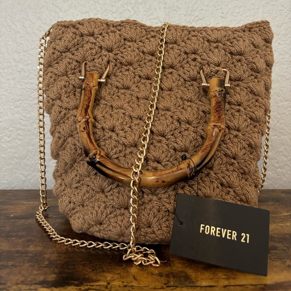 Forever 21 Handbags - NEW Forever 21 Small Crochet Tote Bag/Crossbody Brown Gold Tan Bamboo Handles